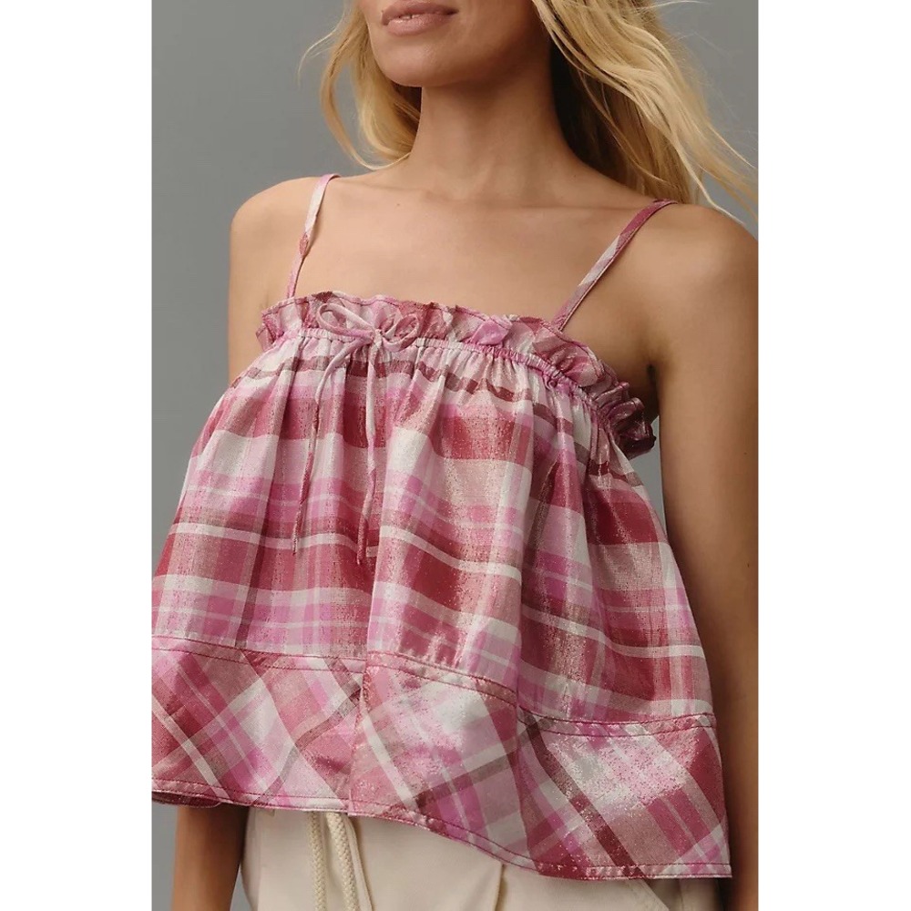 Pink Plaid Ruffle-Trim Spaghetti Strap Top